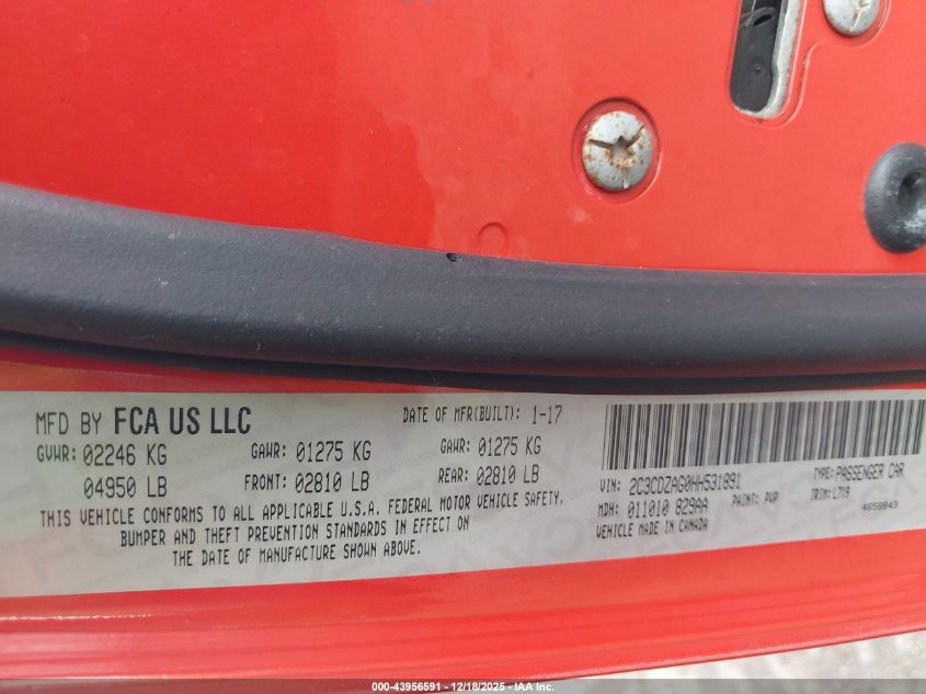 2017 Dodge Challenger Sxt VIN: 2C3CDZAG0HH531891 Lot: 43956591