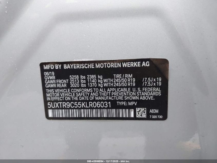 2019 BMW X3 xDrive30I VIN: 5UXTR9C55KLR06031 Lot: 43956594