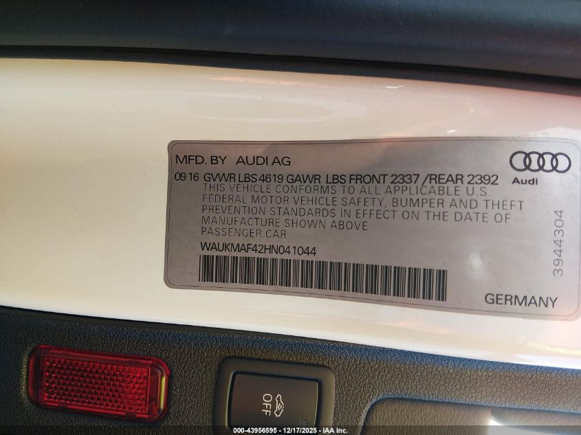 2017 Audi A4 2.0T Season Of Audi Ultra Premium VIN: WAUKMAF42HN041044 Lot: 43956595