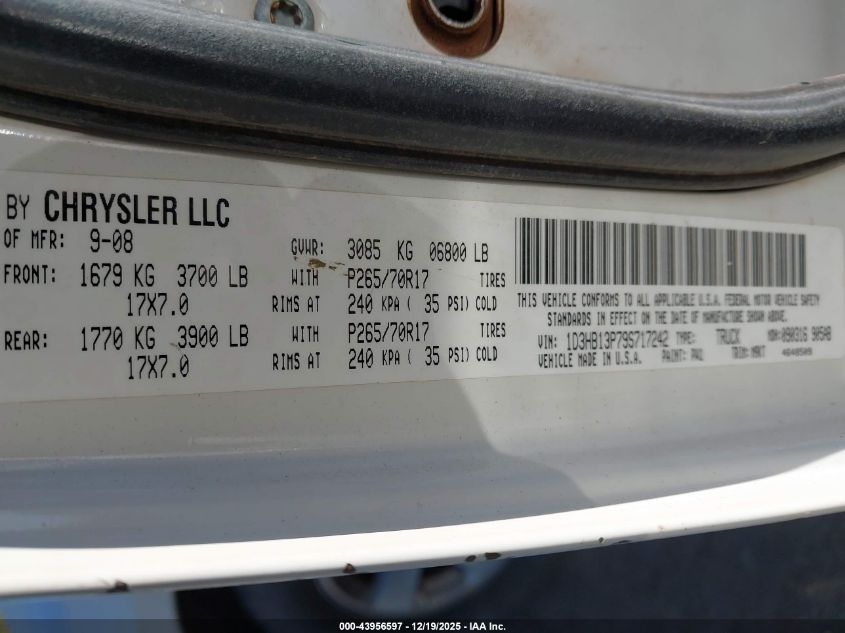 2009 Dodge Ram 1500 Slt/Sport/Trx VIN: 1D3HB13P79S717242 Lot: 43956597