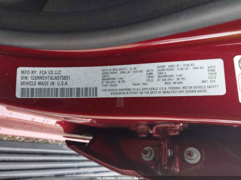 2020 Ram 1500 Limited 4X2 5'7 Box VIN: 1C6RREHTXLN373831 Lot: 43956598