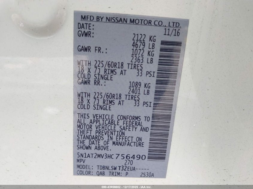 2017 Nissan Rogue Sl VIN: 5N1AT2MV3HC756490 Lot: 43956602