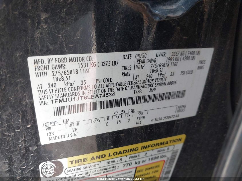 2020 Ford Expedition Xlt VIN: 1FMJU1JT6LEA74534 Lot: 43956603