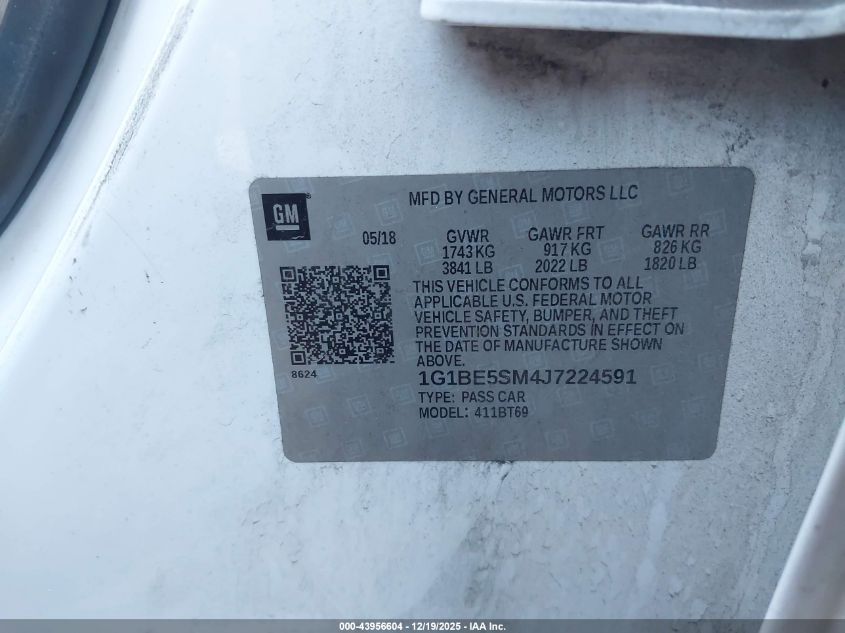 2018 Chevrolet Cruze Lt Auto VIN: 1G1BE5SM4J7224591 Lot: 43956604
