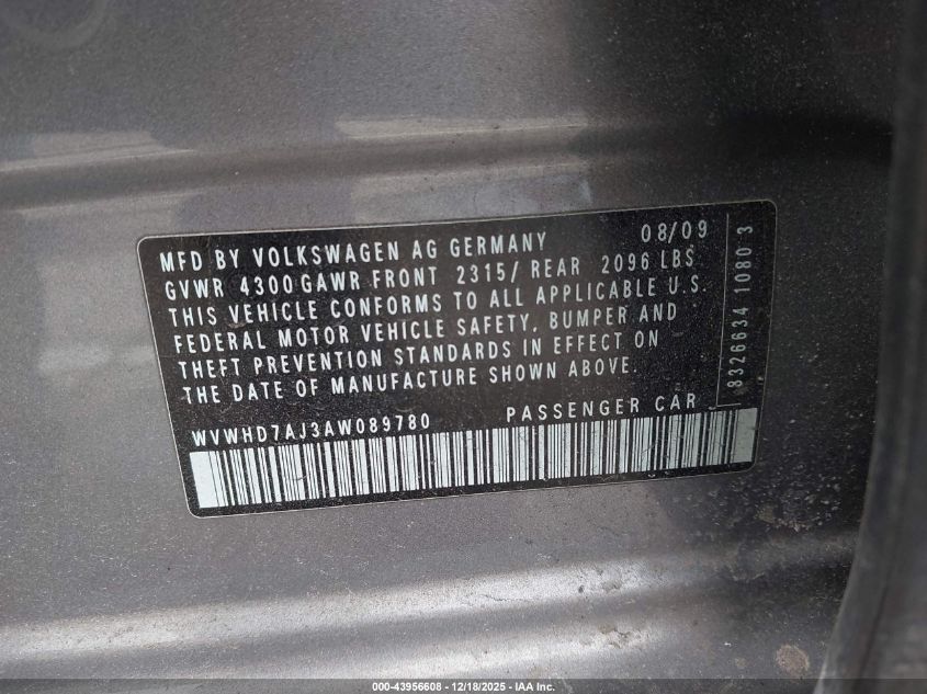 2010 Volkswagen Gti 4-Door VIN: WVWHD7AJ3AW089780 Lot: 43956608