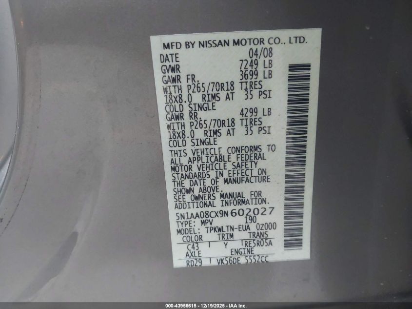 2009 Nissan Armada Se VIN: 5N1AA08CX9N602027 Lot: 43956615