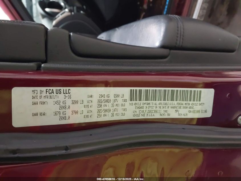 2016 Jeep Grand Cherokee Summit VIN: 1C4RJFJG8GC396111 Lot: 43956616