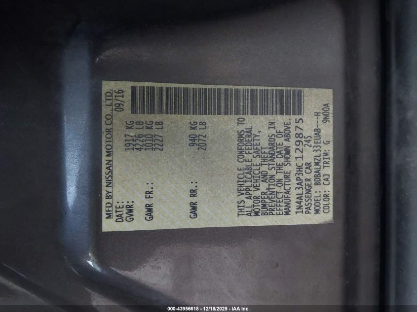 2017 Nissan Altima 2.5 Sv VIN: 1N4AL3AP3HC129875 Lot: 43956618