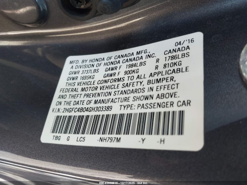 2016 Honda Civic Lx-P VIN: 2HGFC4B04GH303389 Lot: 43956619