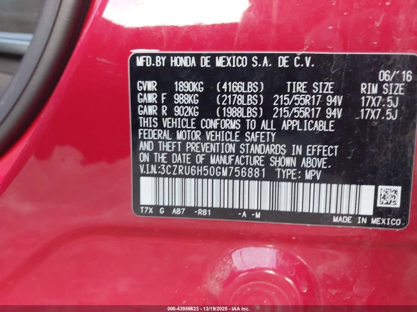 2016 Honda Hr-V Ex VIN: 3CZRU6H50GM756881 Lot: 43956623