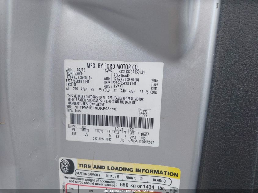 2013 Ford F-150 Xlt VIN: 1FTFW1ET9DKF98116 Lot: 43956627