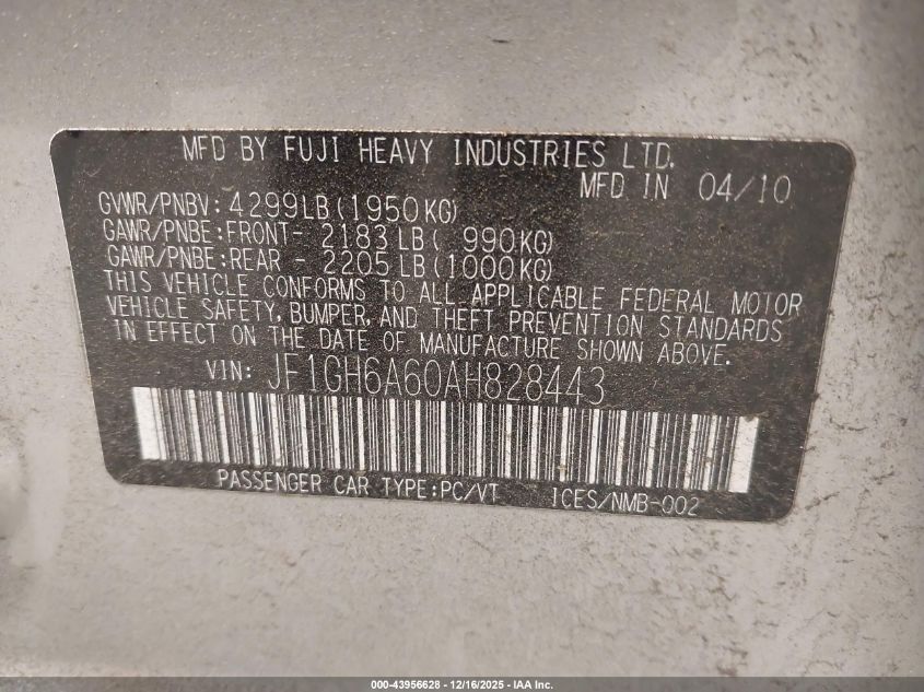 2010 Subaru Impreza 2.5I VIN: JF1GH6A60AH828443 Lot: 43956628