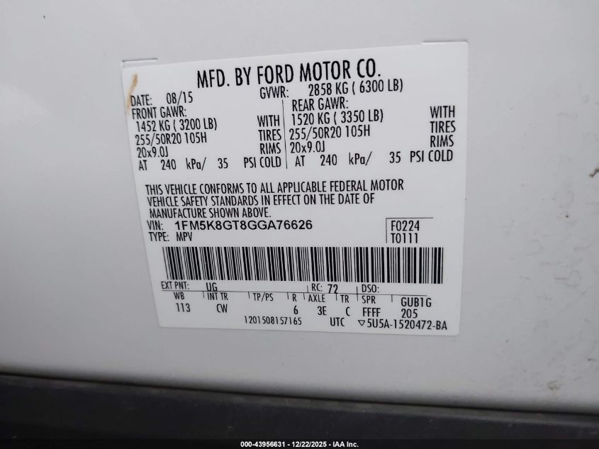 2016 Ford Explorer Sport VIN: 1FM5K8GT8GGA76626 Lot: 43956631