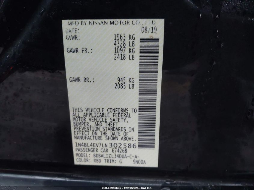 2020 Nissan Altima Sl Fwd VIN: 1N4BL4EV7LN302586 Lot: 43956635