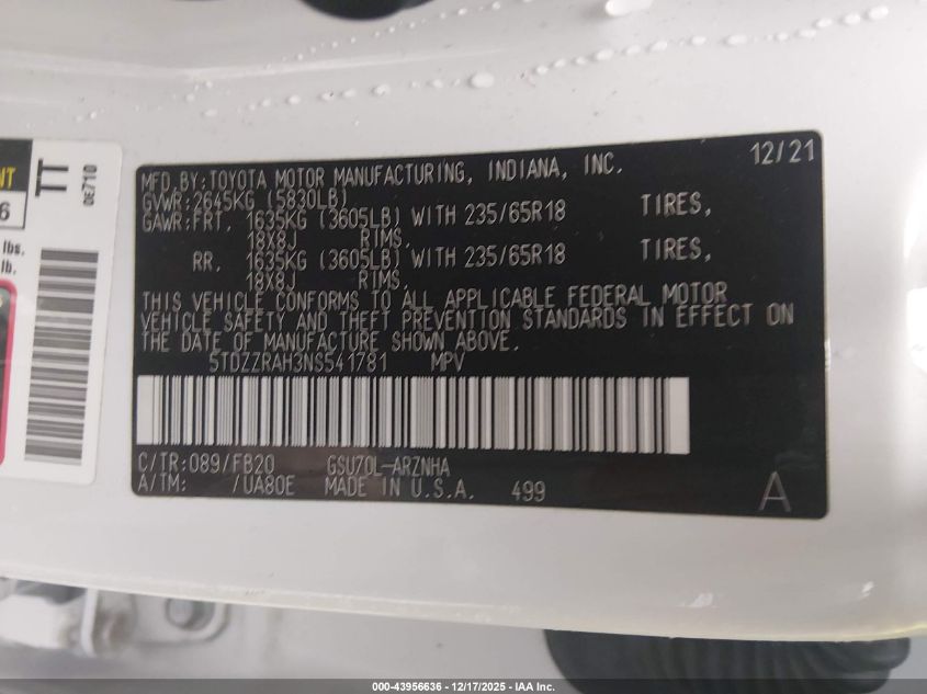 2022 Toyota Highlander Le VIN: 5TDZZRAH3NS541781 Lot: 43956636