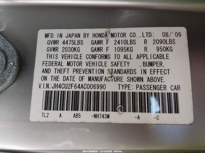 2010 Acura Tsx 2.4 VIN: JH4CU2F64AC006990 Lot: 43956638