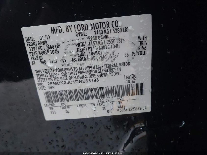 2013 Ford Edge Sel VIN: 2FMDK3JC1DBB63195 Lot: 43956642