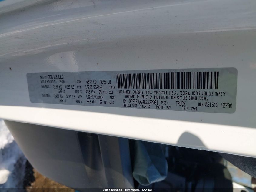 2020 Ram Promaster 2500 High Roof 159 Wb VIN: 3C6TRVDG4LE122001 Lot: 43956643