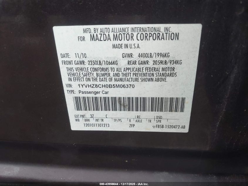 2011 Mazda Mazda6 I Touring VIN: 1YVHZ8CH0B5M06370 Lot: 43956644