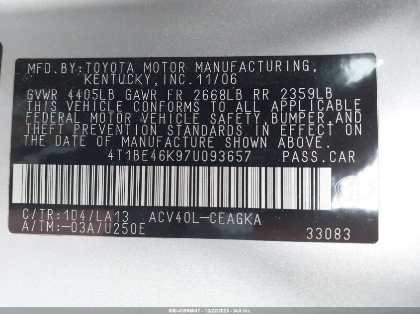 2007 Toyota Camry Xle VIN: 4T1BE46K97U093657 Lot: 43956647