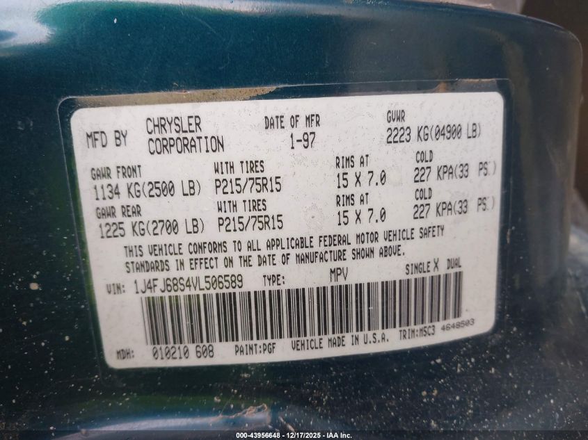 1997 Jeep Cherokee Sport VIN: 1J4FJ68S4VL506589 Lot: 43956648