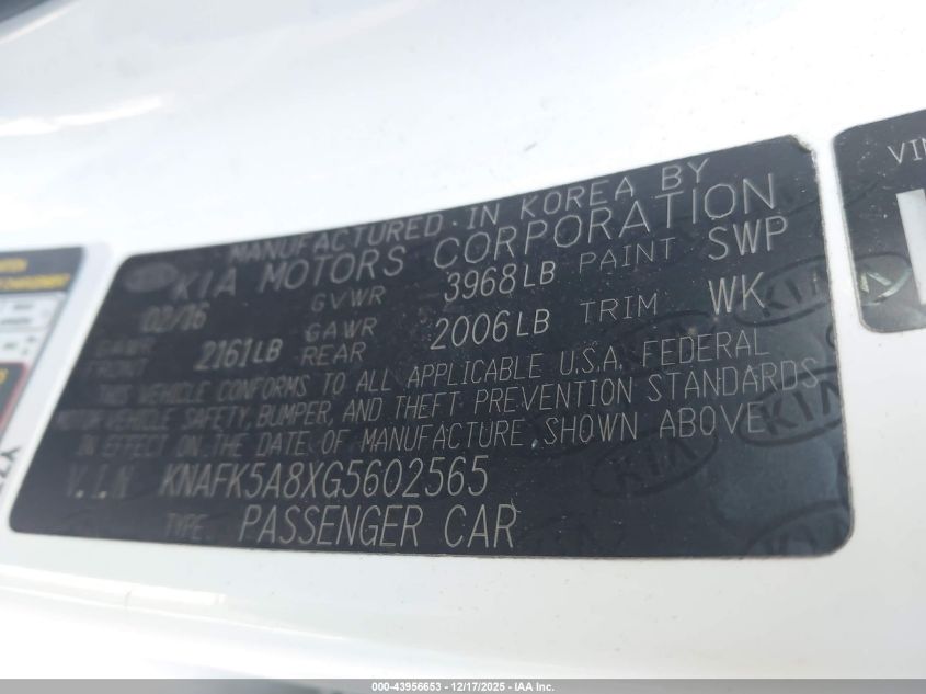 2016 Kia Forte Lx VIN: KNAFK5A8XG5602565 Lot: 43956653