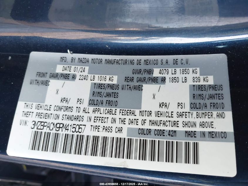 2024 Mazda Mazda3 2.5 S Preferred VIN: 3MZBPACM9RM415057 Lot: 43956658