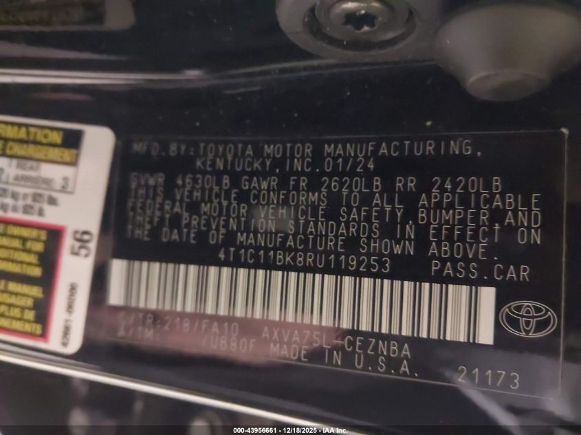 2024 Toyota Camry Le VIN: 4T1C11BK8RU119253 Lot: 43956661
