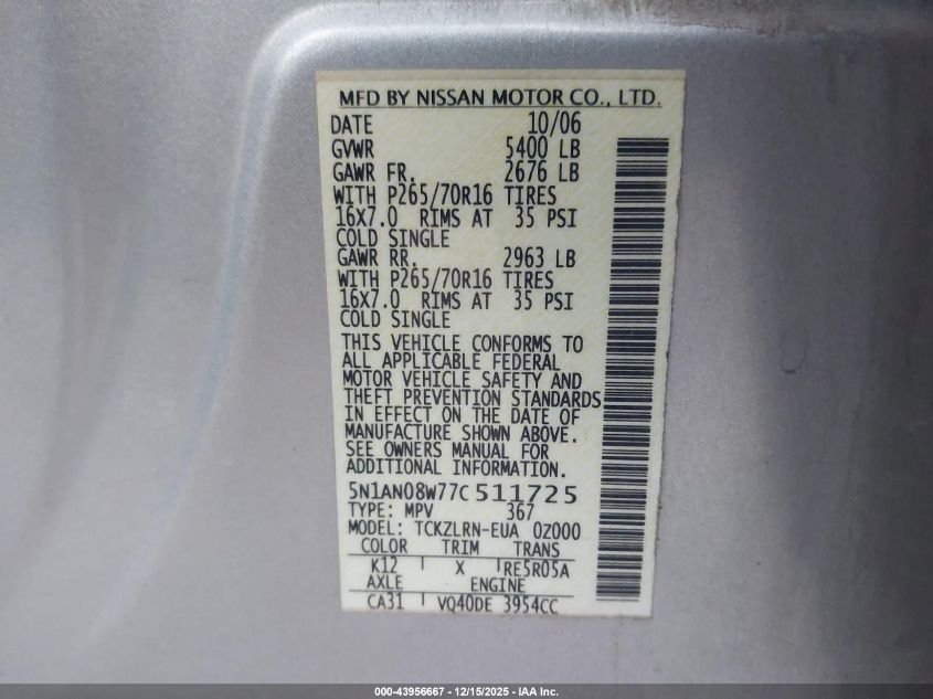 2007 Nissan Xterra S VIN: 5N1AN08W77C511725 Lot: 43956667