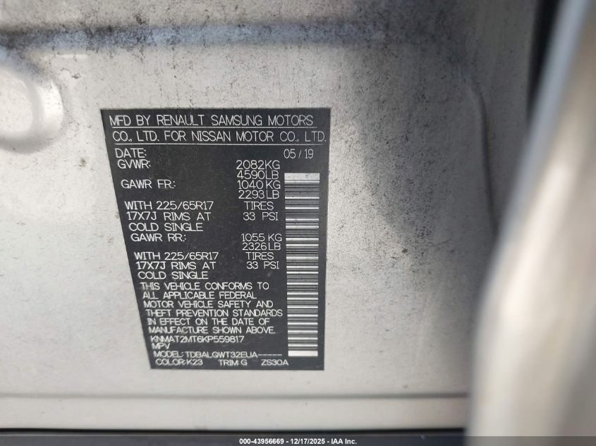2019 Nissan Rogue Sv VIN: KNMAT2MT6KP559817 Lot: 43956669