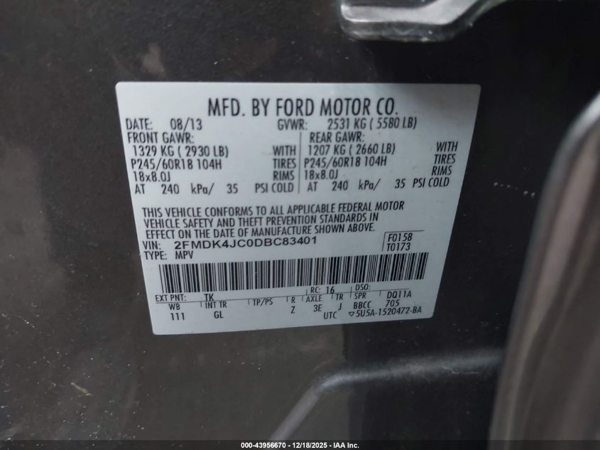 2013 Ford Edge Sel VIN: 2FMDK4JC0DBC83401 Lot: 43956670