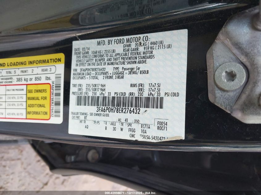 2014 Ford Fusion Se VIN: 3FA6P0H78ER276432 Lot: 43956671