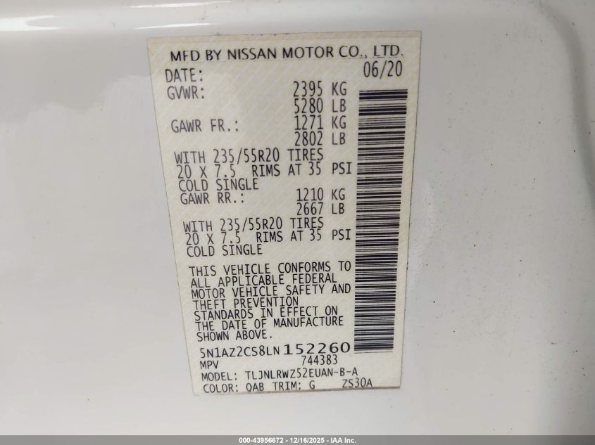 2020 Nissan Murano Sl Intelligent Awd VIN: 5N1AZ2CS8LN152260 Lot: 43956672