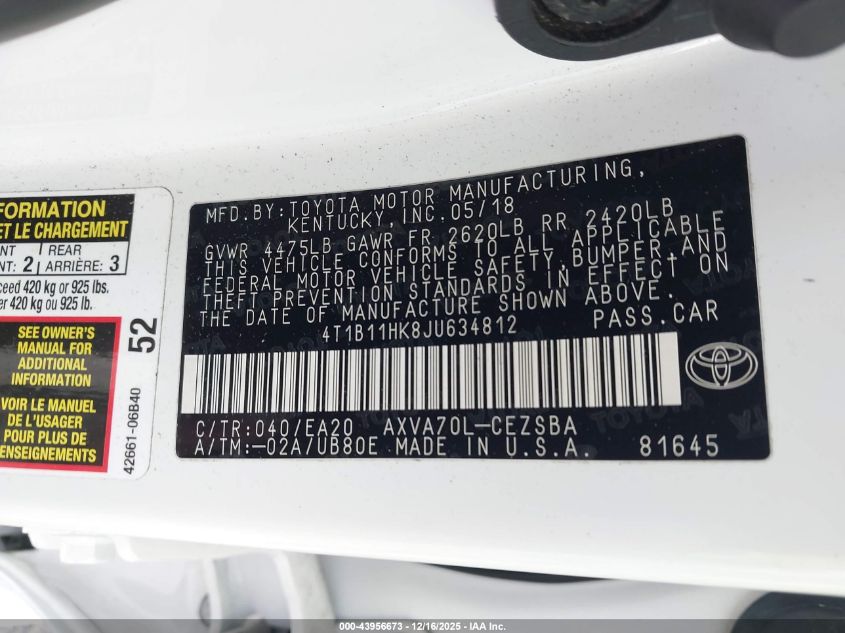 2018 Toyota Camry Se VIN: 4T1B11HK8JU634812 Lot: 43956673