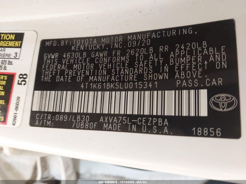 2020 Toyota Camry Xse Awd VIN: 4T1K61BK5LU015341 Lot: 43956676