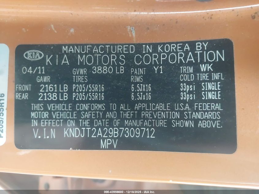 2011 Kia Soul + VIN: KNDJT2A29B7309712 Lot: 43956680