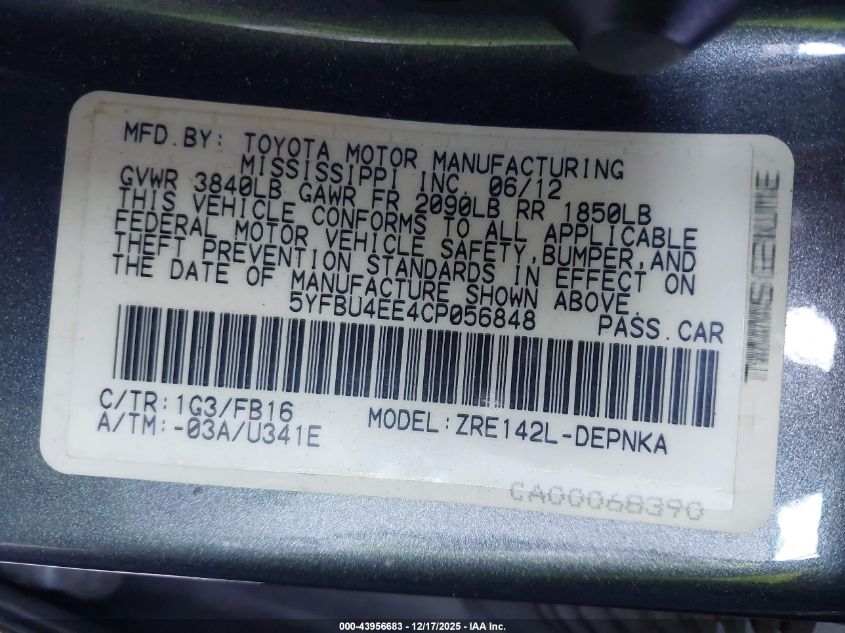 2012 Toyota Corolla Le VIN: 5YFBU4EE4CP056848 Lot: 43956683