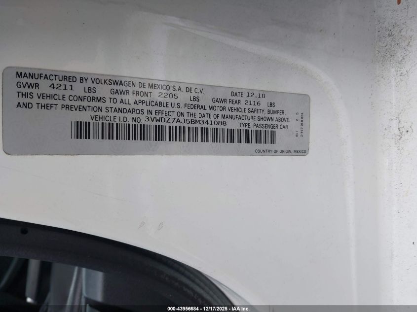 2011 Volkswagen Jetta 2.5L Se VIN: 3VWDZ7AJ5BM341088 Lot: 43956684
