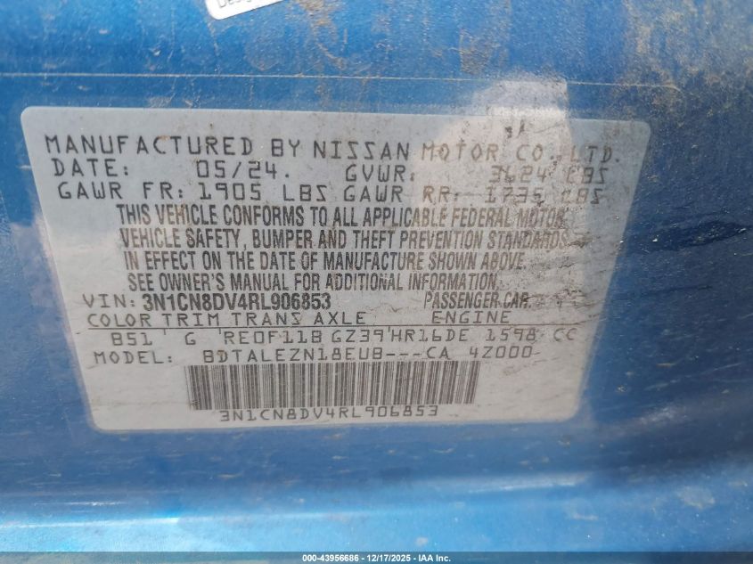 2024 Nissan Versa 1.6 S VIN: 3N1CN8DV4RL906853 Lot: 43956686