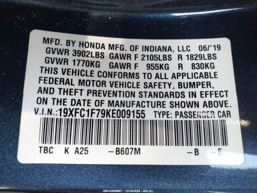 2019 Honda Civic Ex-L VIN: 19XFC1F79KE009155 Lot: 43956687