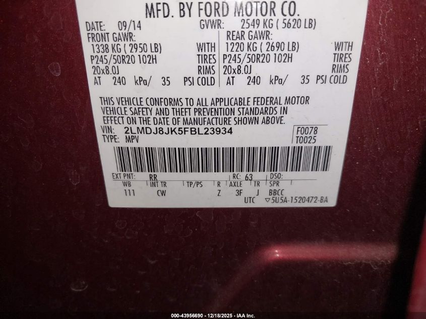 2015 Lincoln Mkx VIN: 2LMDJ8JK5FBL23934 Lot: 43956690