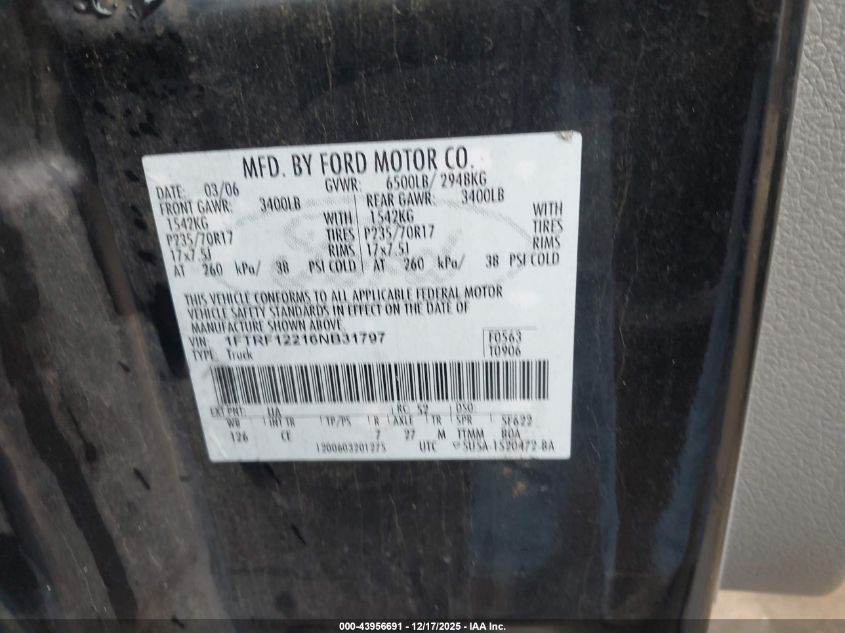 2006 Ford F-150 Stx/Xl/Xlt VIN: 1FTRF12216NB31797 Lot: 43956691