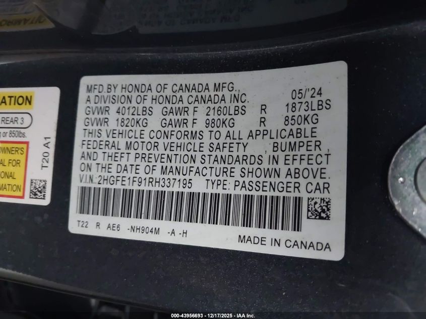 2024 Honda Civic Touring VIN: 2HGFE1F91RH337195 Lot: 43956693