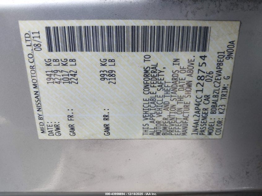 2012 Nissan Altima 2.5 S VIN: 1N4AL2AP4CC128754 Lot: 43956694