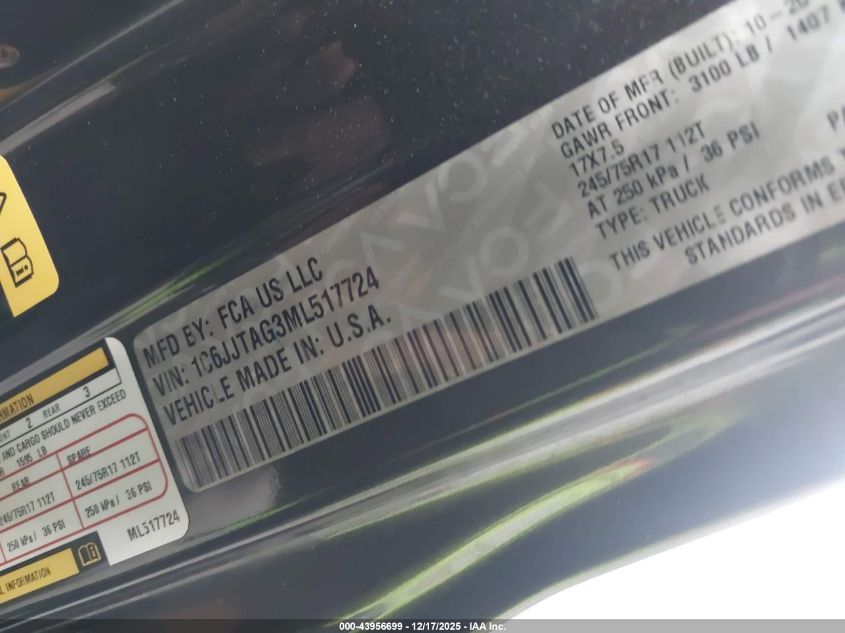 2021 Jeep Gladiator Sport 4X4 VIN: 1C6JJTAG3ML517724 Lot: 43956699