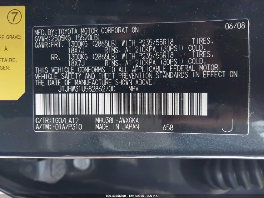 2008 Lexus Rx 400H VIN: JTJHW31U582862700 Lot: 43956700