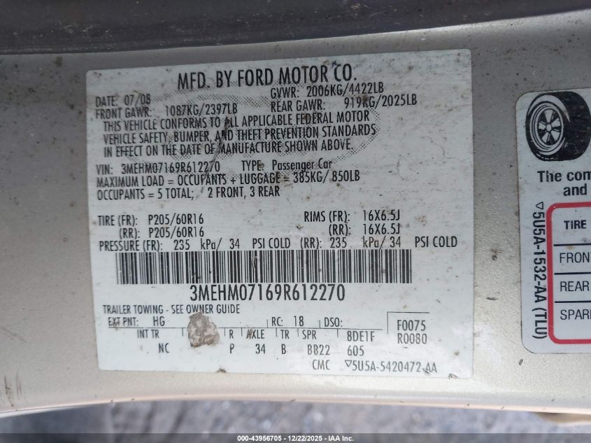 2009 Mercury Milan V6 VIN: 3MEHM07169R612270 Lot: 43956705