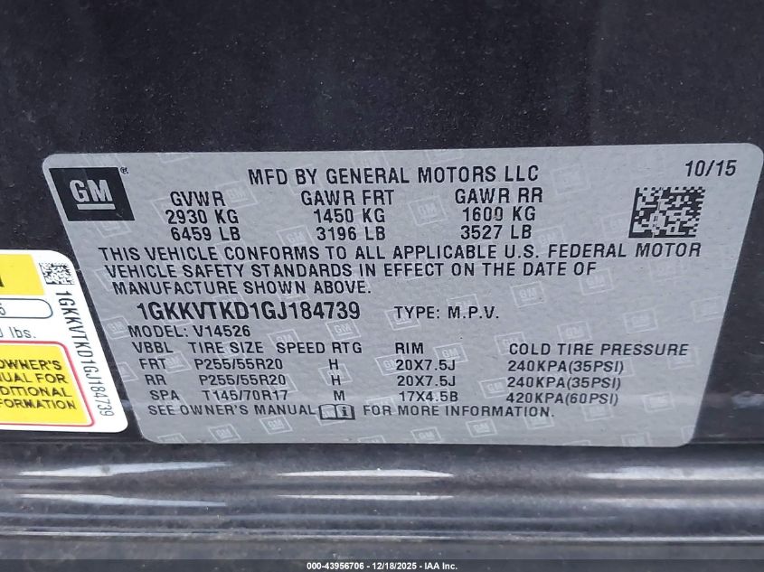 2016 GMC Acadia Denali VIN: 1GKKVTKD1GJ184739 Lot: 43956706