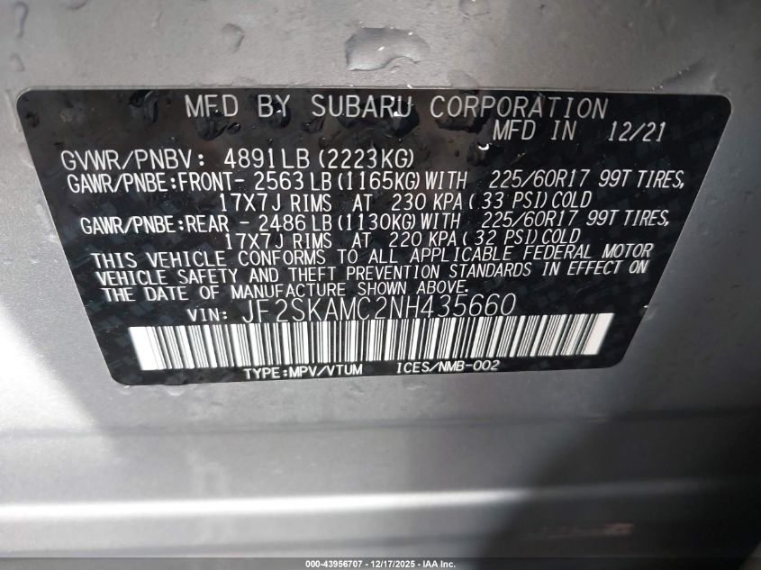 2022 Subaru Forester Wilderness VIN: JF2SKAMC2NH435660 Lot: 43956707