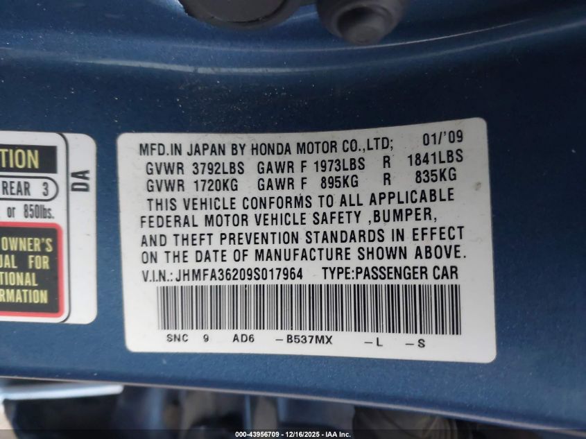 2009 Honda Civic Hybrid VIN: JHMFA36209S017964 Lot: 43956709